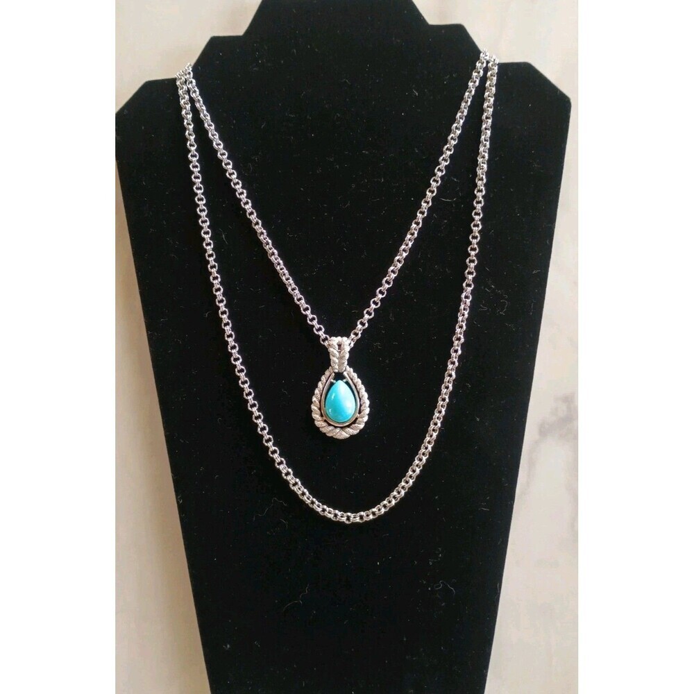 Vtg Signed AVON Blue Stone Teardrop Shape Pendant Double Chain Necklace